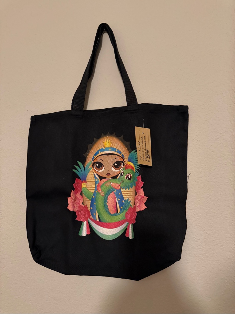 Black Tote Bag with Colorful Virgin Mary Illustration
